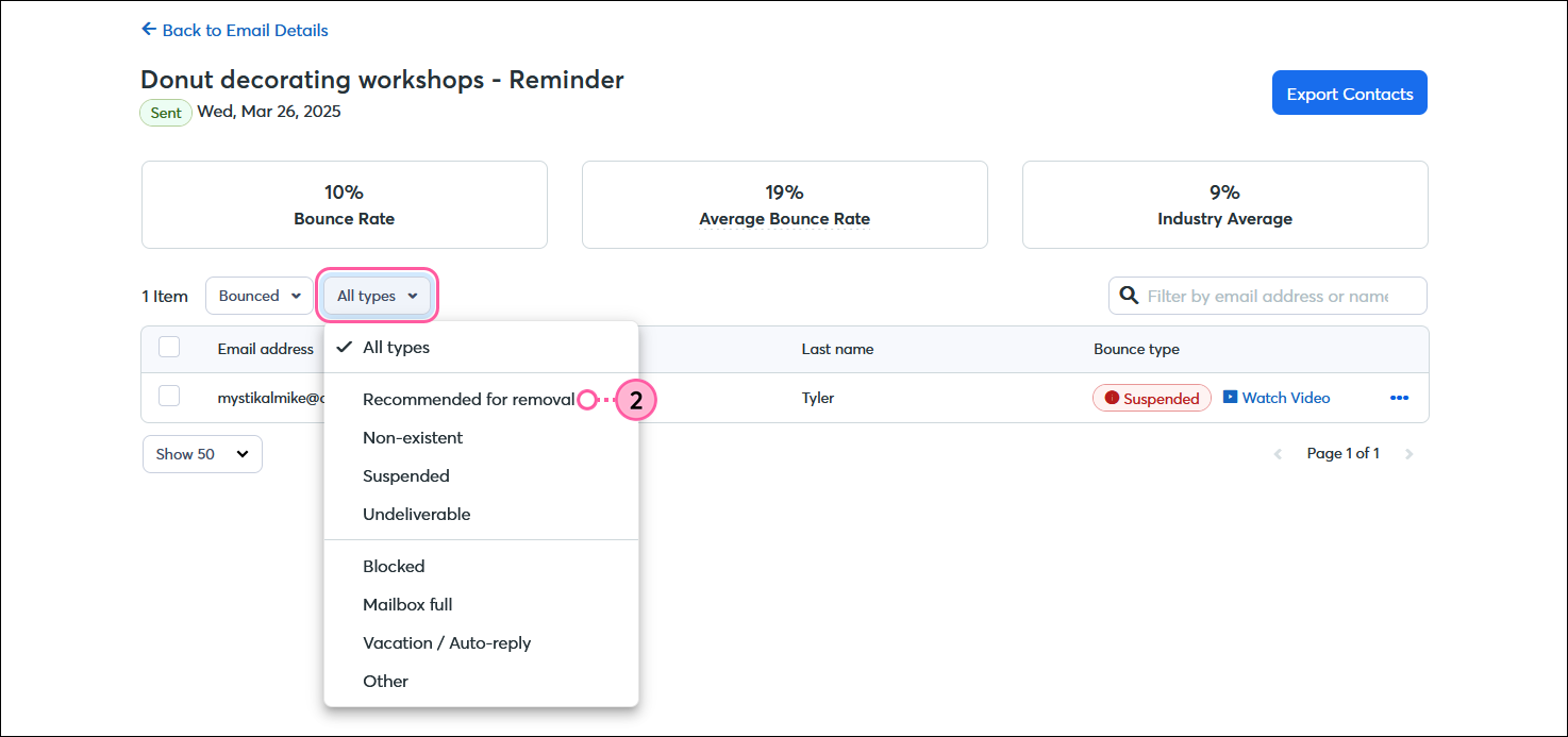 Email bounce report, All types drop-down menu expanded, and Recommended for removal option