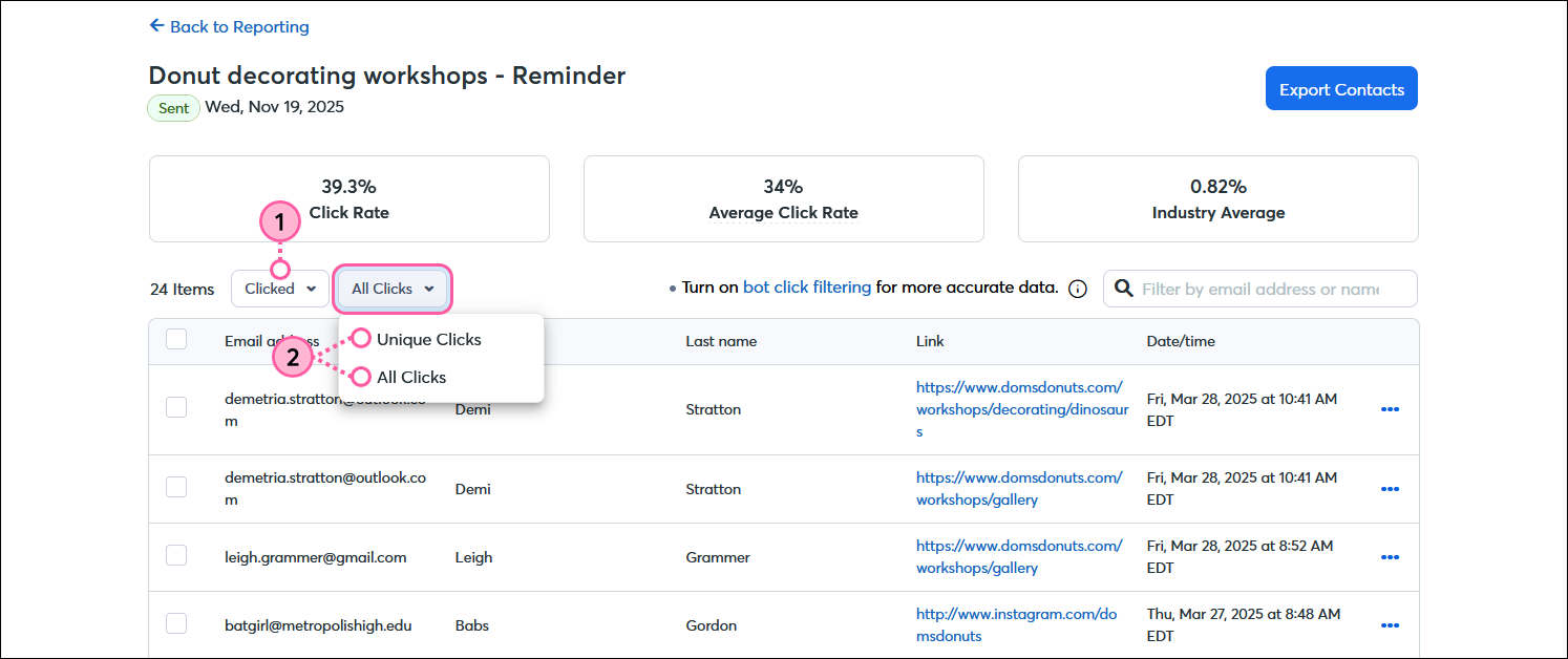 Email reporting Clicked report with All clicks option selected