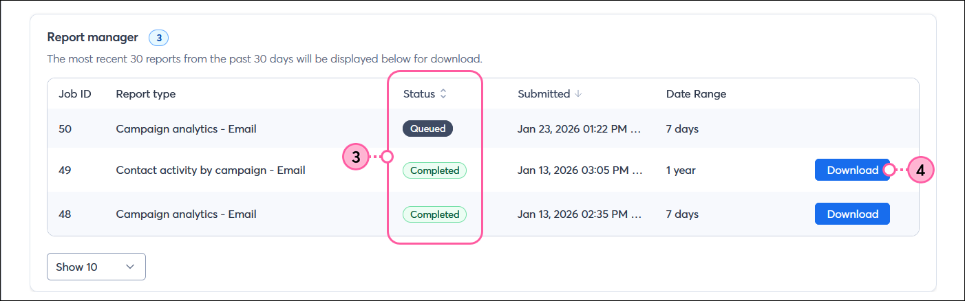 Report Builder with Report manager section, report in queued status and multiple completed reports with Download button