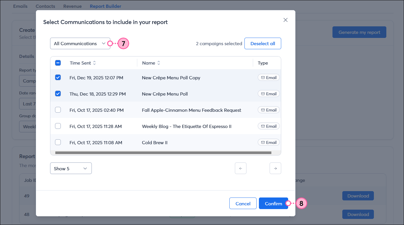 Select Communications to include in your report overlayw with All Communications option selected, emails selected, and Confirm button