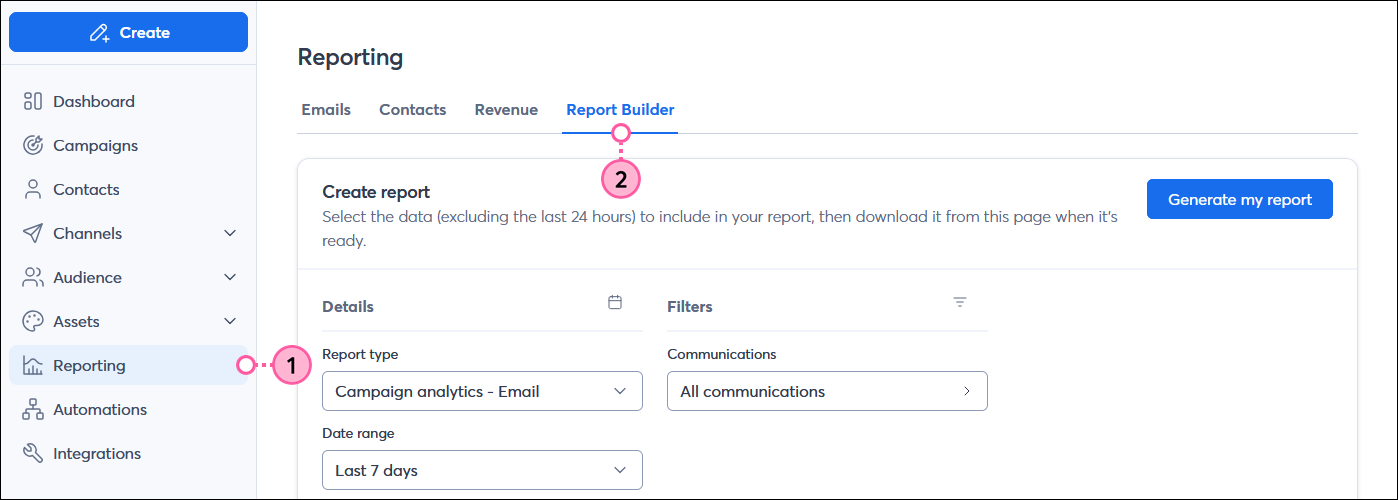 left-hand menu with Reporting option selected, and Report Builder tab selected