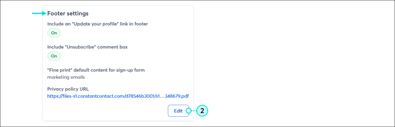 Página My Account (Mi cuenta), sección Footer settings (Configuración de pie de página) y botón Edit (Editar)