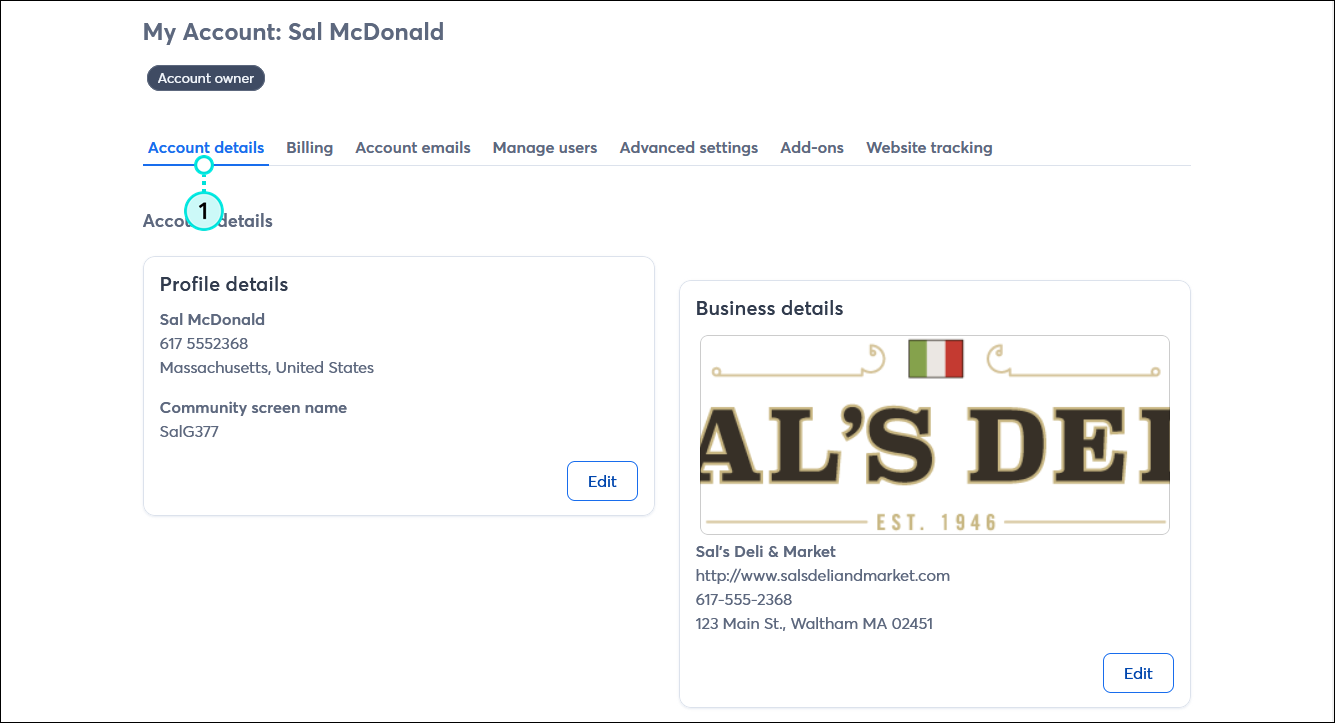Página My Account (Mi cuenta), pestaña Account details (Detalles de la cuenta)