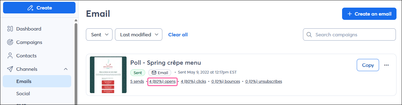 Open Rate on Emails Page