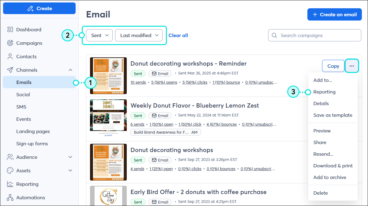 Marketing channels menu expanded with Email option selected, Status drop-down menu with Sent option selected, and sent email with menu expanded and Reporting option selected