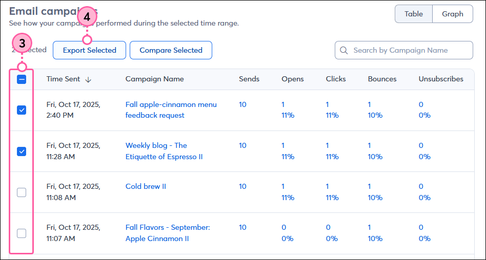 Reporting tab with Email campaigns section, email campaign selected and Export Selected button