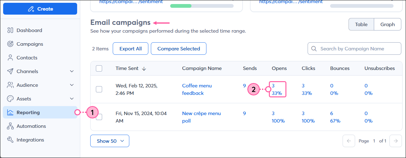 Campaign stats table with Opens number
