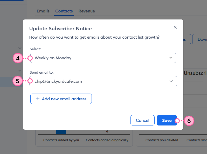 Update Subscriber Notice overlay with timeframe option selected, email address selected, and Save button