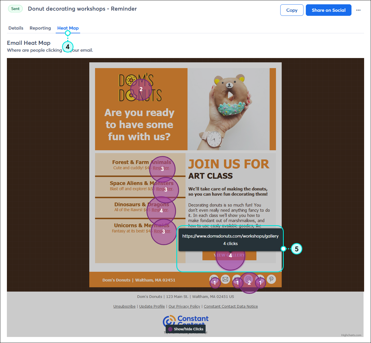 Email Details page with Heat Map tab selected, email with link locations highlighted and a highlight that shows the URL assigned to a specific button