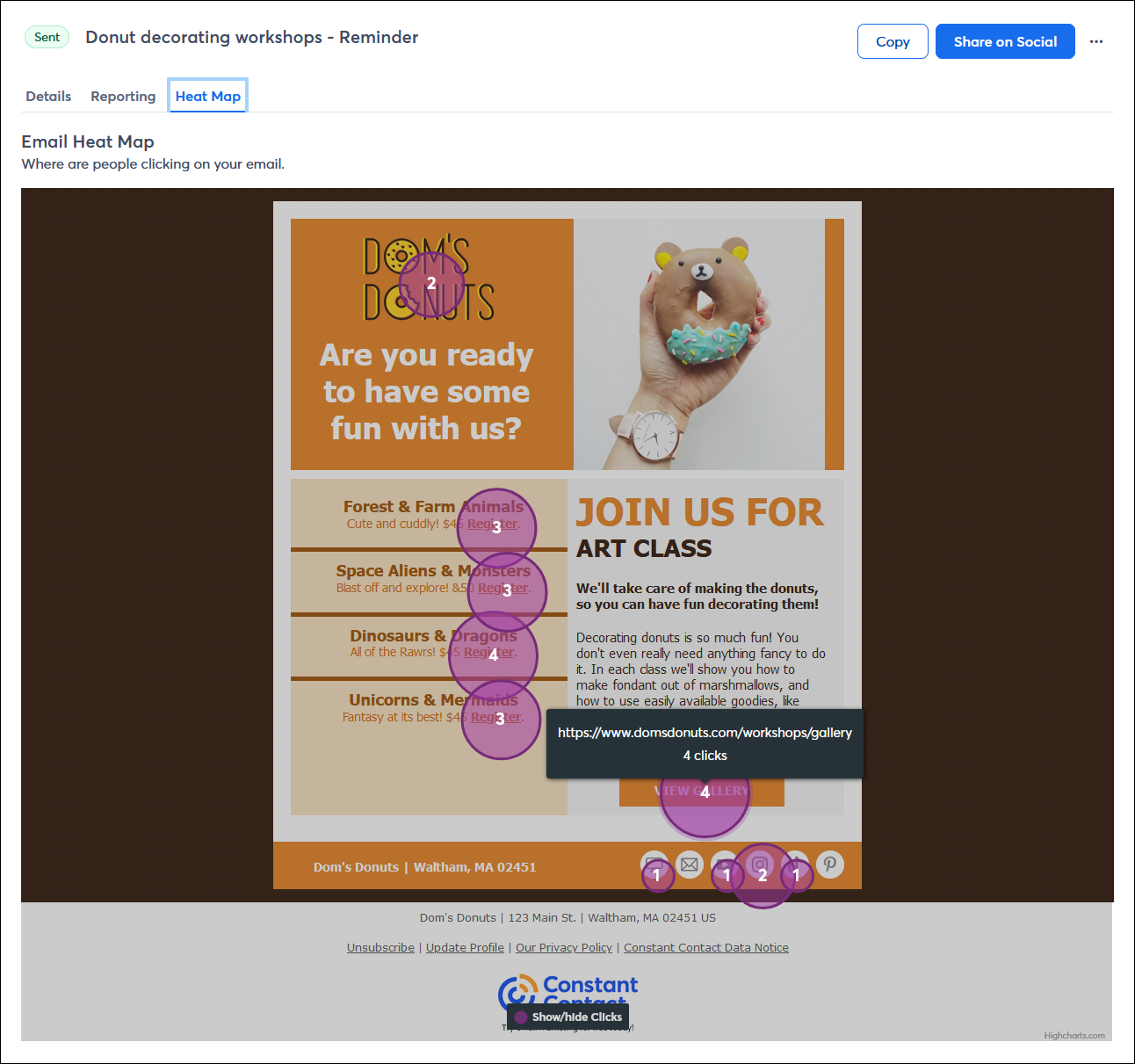 Email reporting with Heat Map tab selected and email preview with clicks highlighted