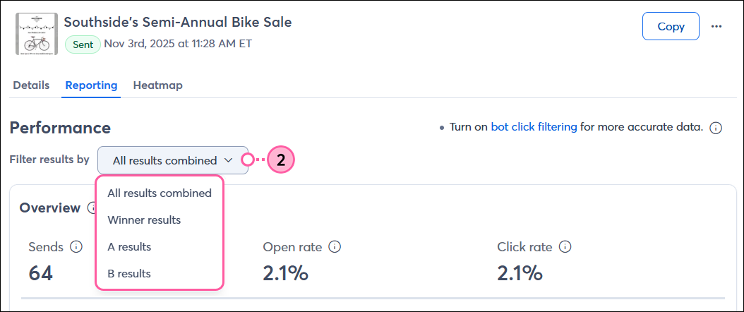 Email details page with filter drop-down
