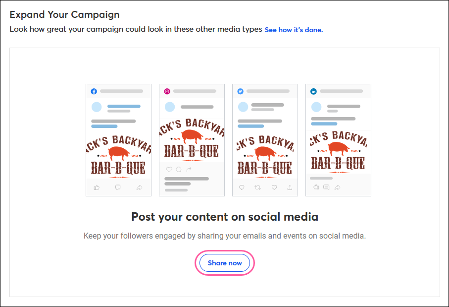 Abschnitt „Expand Your Campaign” (Ihre Kampagne erweitern) und Schaltflächen „Share and Create Ad” (Teilen und Anzeige erstellen)