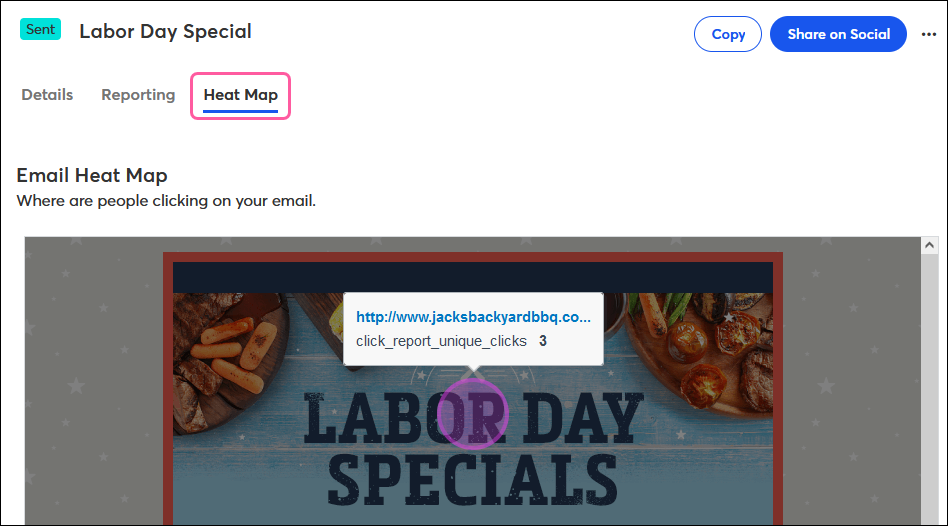 Tab „Heat Map” (Heatmap) und Abschnitt „Top Clicks” (Häufigste Klicks)