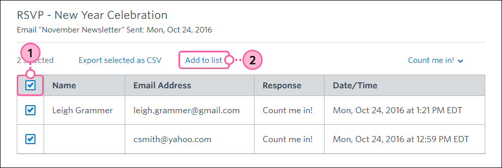 Select contacts and Add to list link