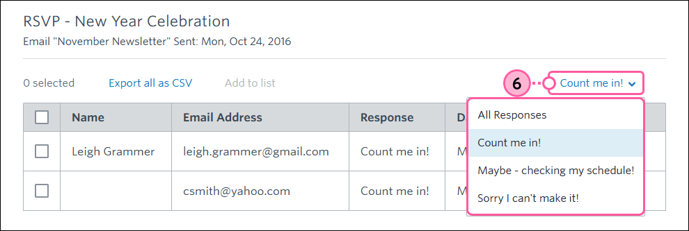 RSVP Report and Response Drop-down