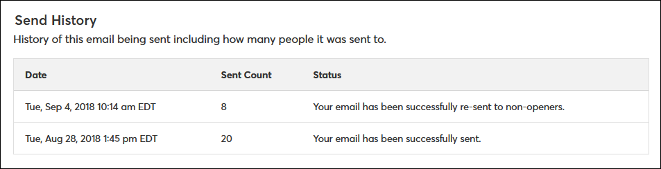 Tab „Email Send History” (E-Mail-Sendeprotokoll)