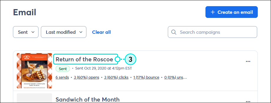 Campaigns tab with Sent email name selected