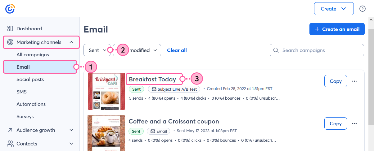 Email page with Sent Subject Line A/B Test email name selected