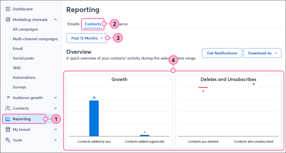 Reporting tab, Contacts tab selected, Reporting timeframe drop-down menu with Past 12 Months option selected, and Overview section with Growth section and Deletes and Unsubscibes section