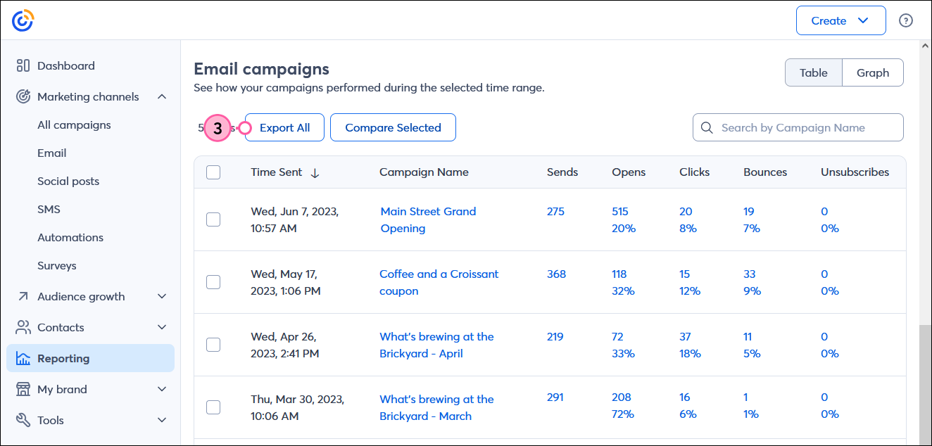 Campaigns table with Export All button