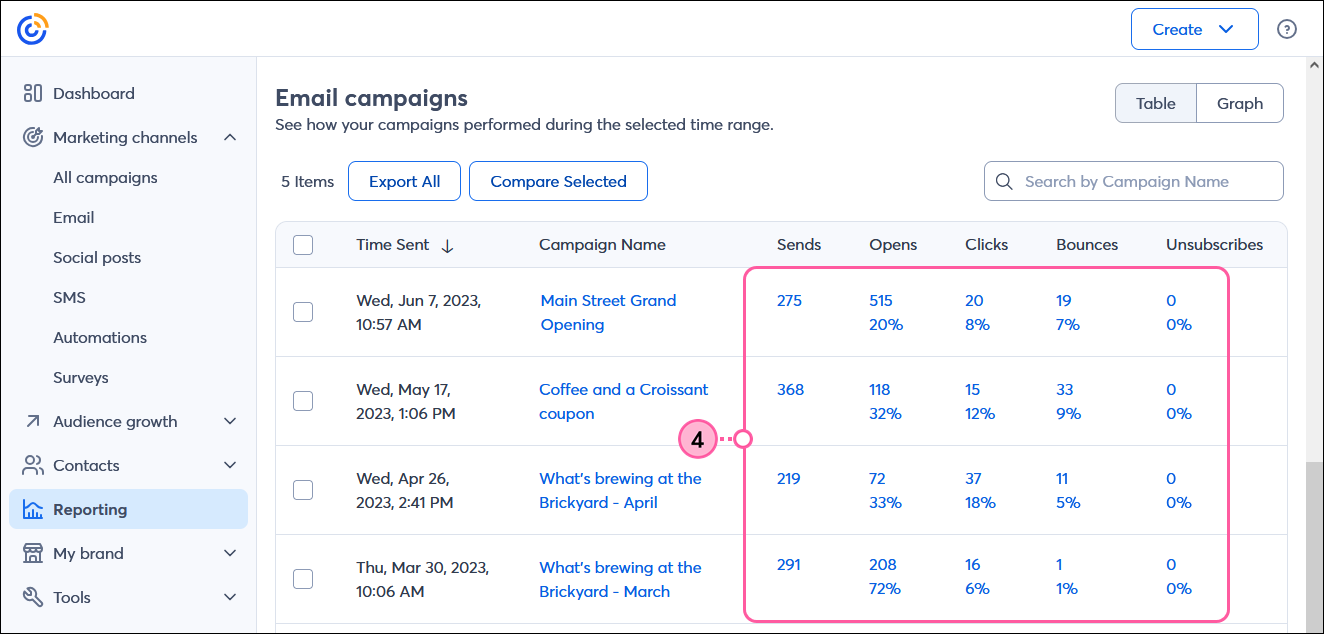 Reporting tab, Emails tab selected, Email campaigns section and Campaigns table with Sends, Opens, Clicks, Bounces, and Unsubscribe columns
