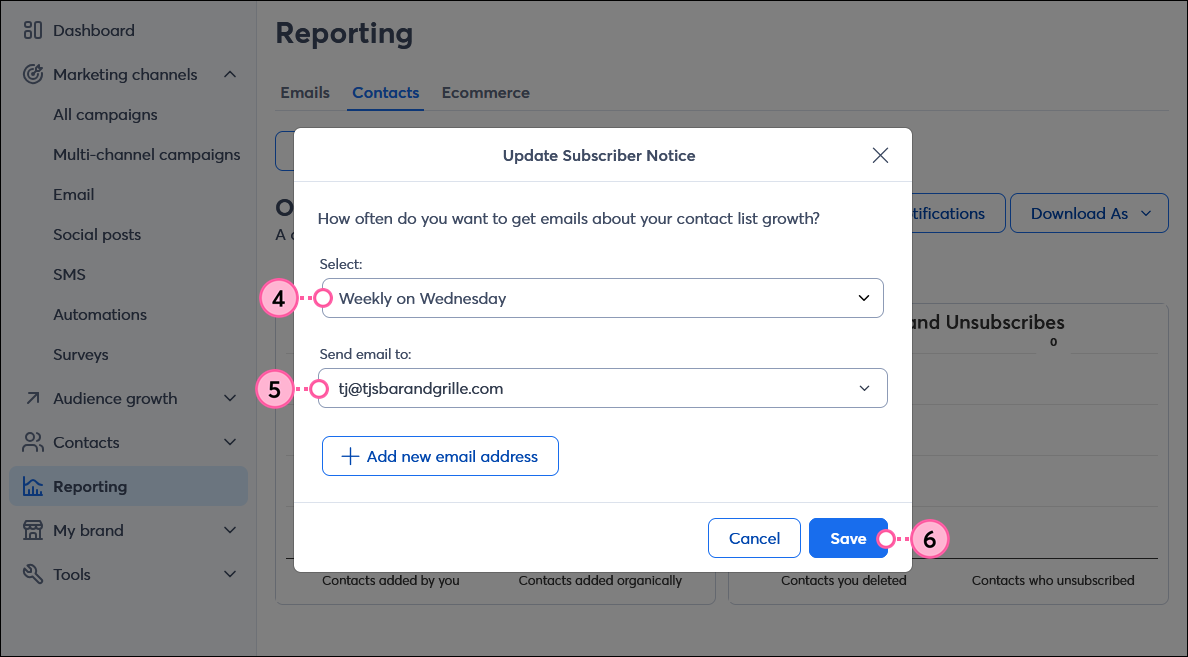 Update Subscriber Notice overlay with timeframe option selected, email address selected, and Save button