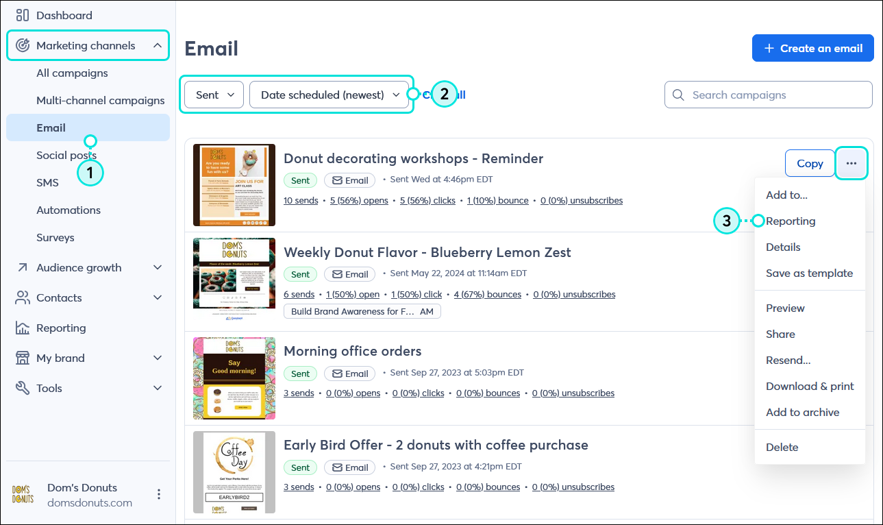 Marketing channels menu expanded with Email option selected, Status drop-down menu with Sent option selected, and sent email with menu expanded and Reporting option selected