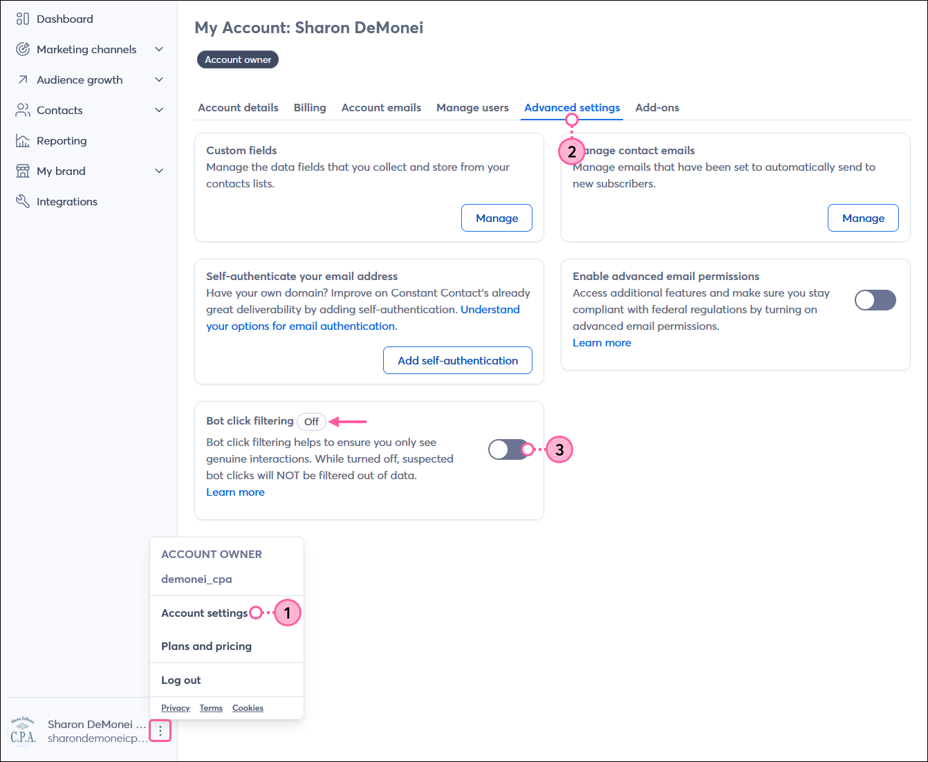 Account owner menu expanded and Account settings option selected, My account dashboard with Advanced settings tab selected, Bot click filtering tile with toggle switch disabled
