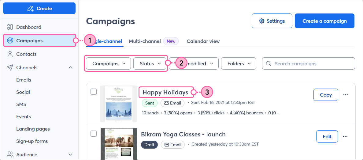 Pestaña Campaigns (Campañas), estado Sent (Enviadas) y Email name (Nombre del correo electrónico) seleccionado