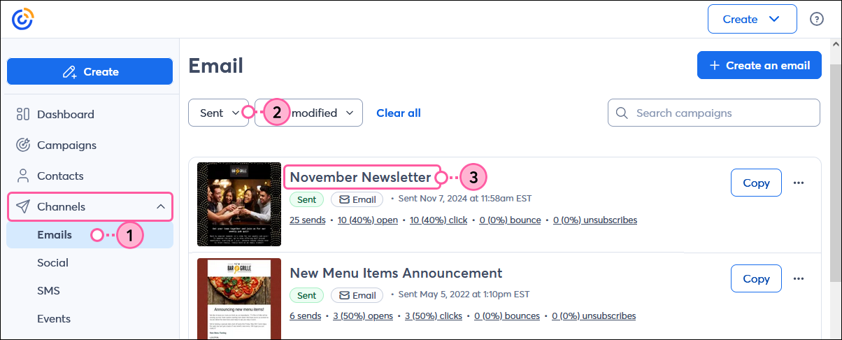 Página Email (Correo electrónico), filtro de Estado y nombre del correo electrónico enviado