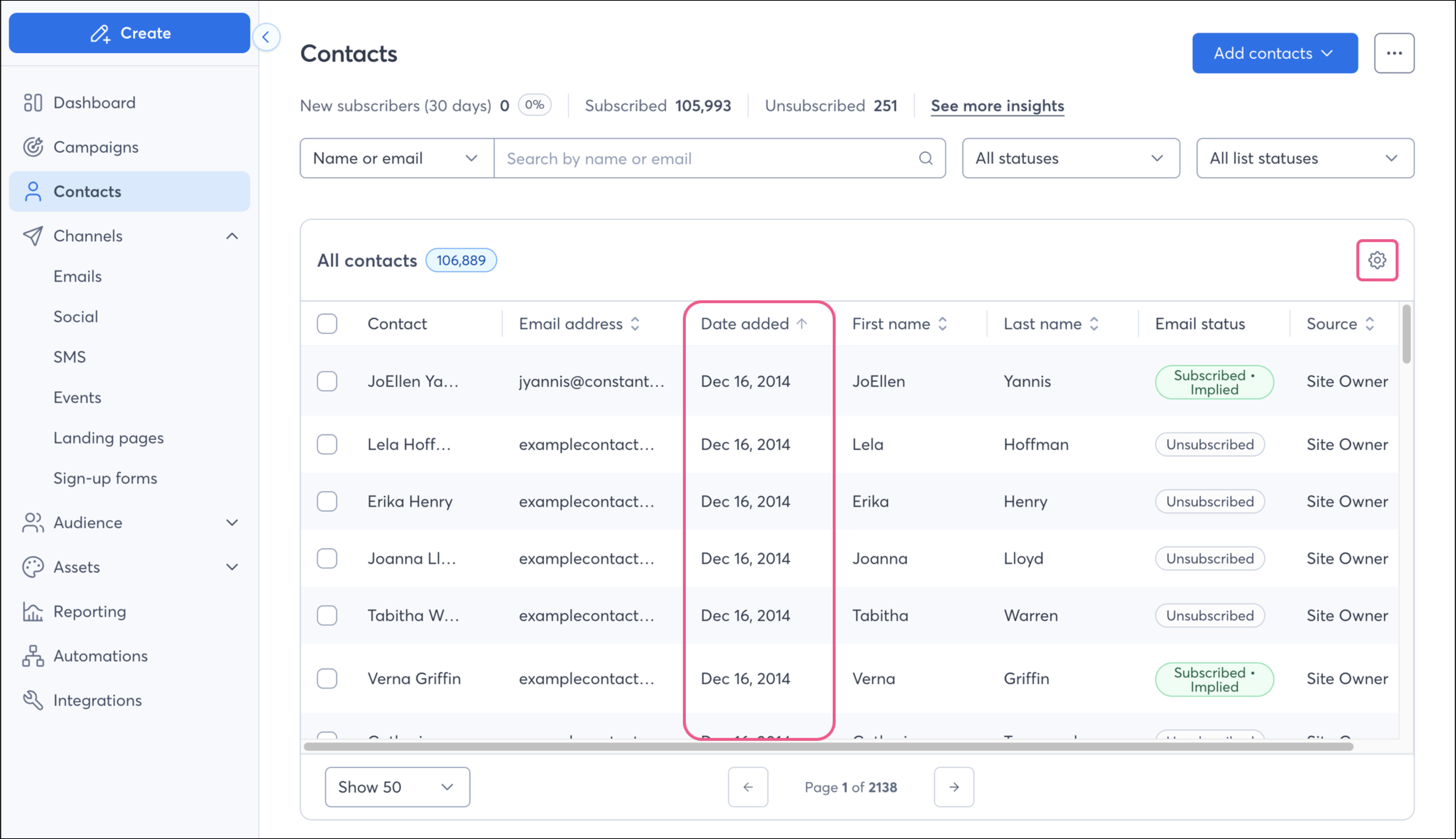 contacts date added column highlighted