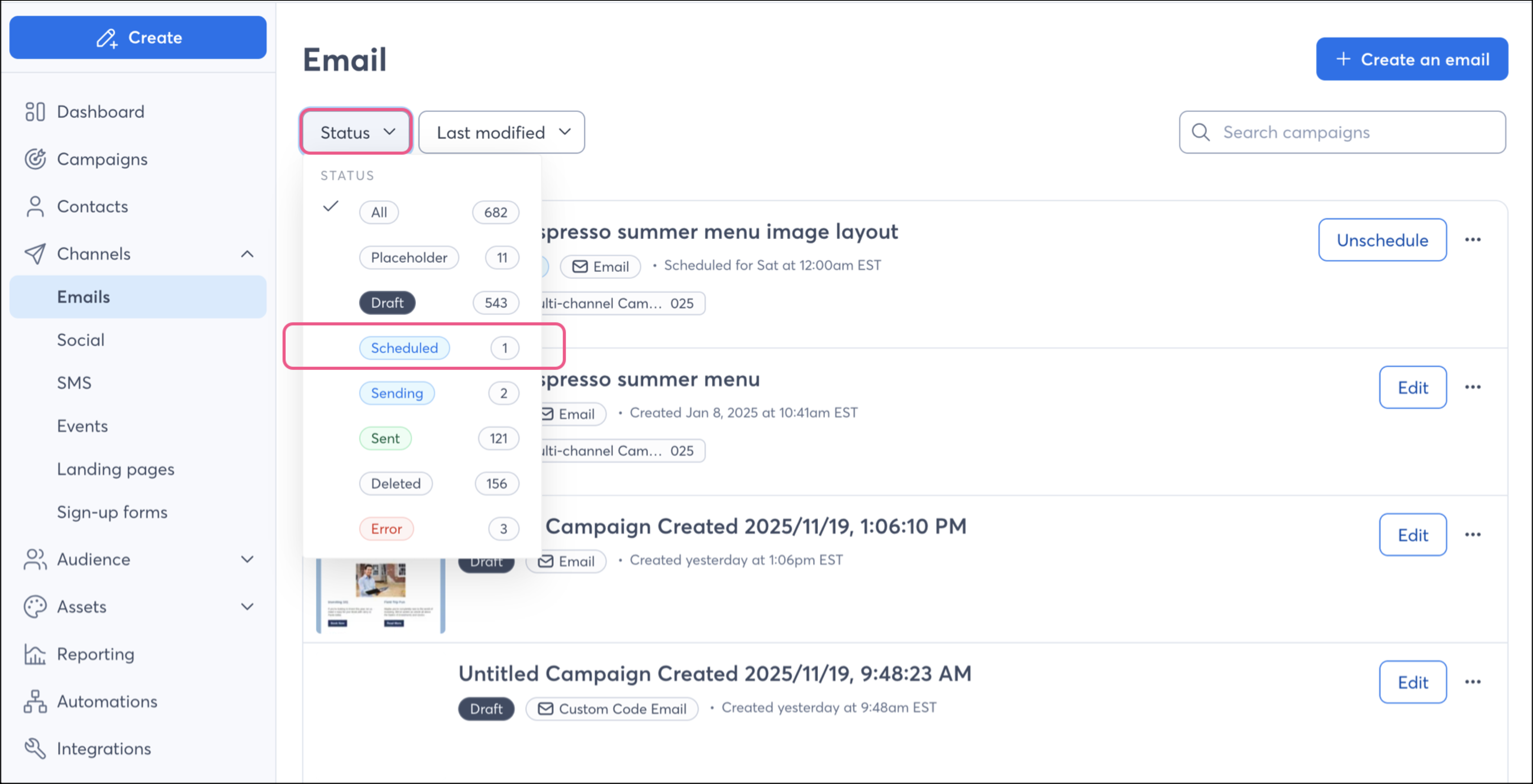 email scheduled status highlighted