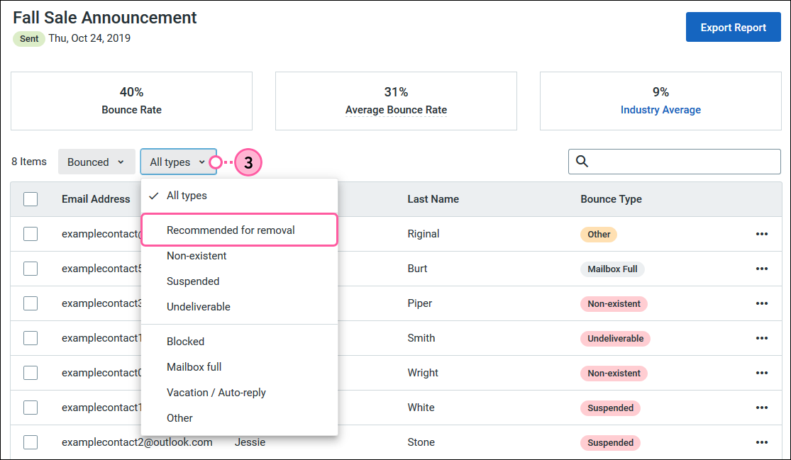 Email bounce report, All types drop-down menu expanded, and Recommended for removal option