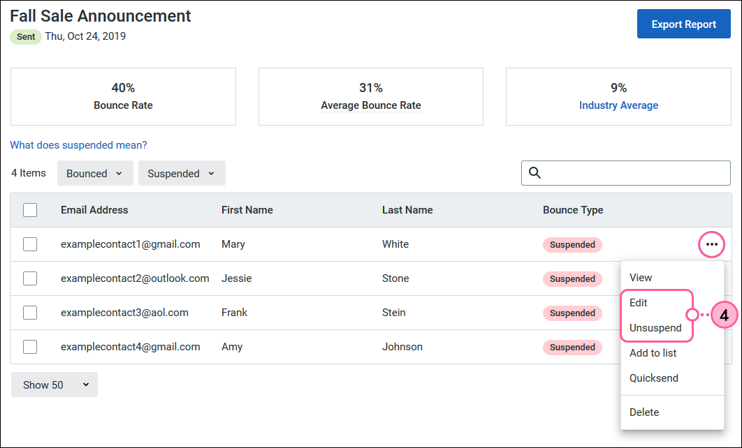 More drop-down with Edit and Unsuspend options