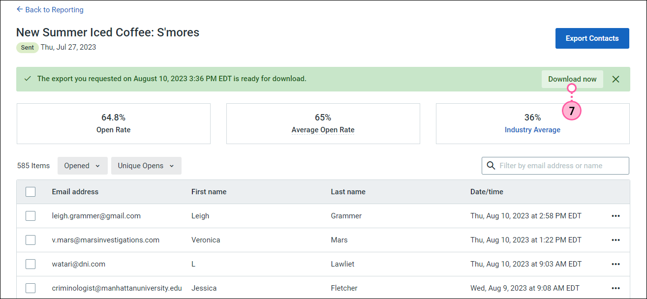 Reporting tab, Email opens report with The export you requested is ready for download banner and Download now button