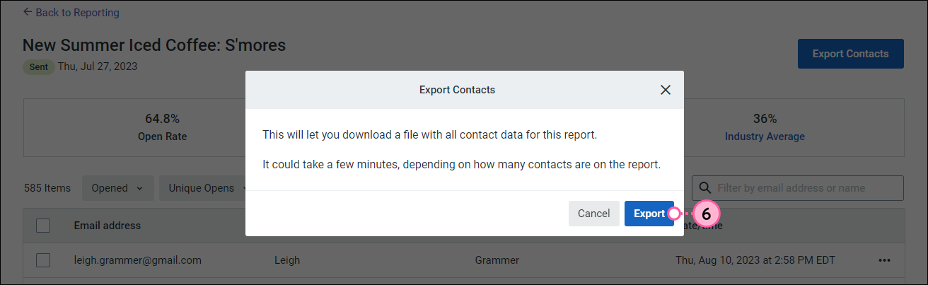 Reporting tab, Email opens report with Export Contacts overlay and Export button