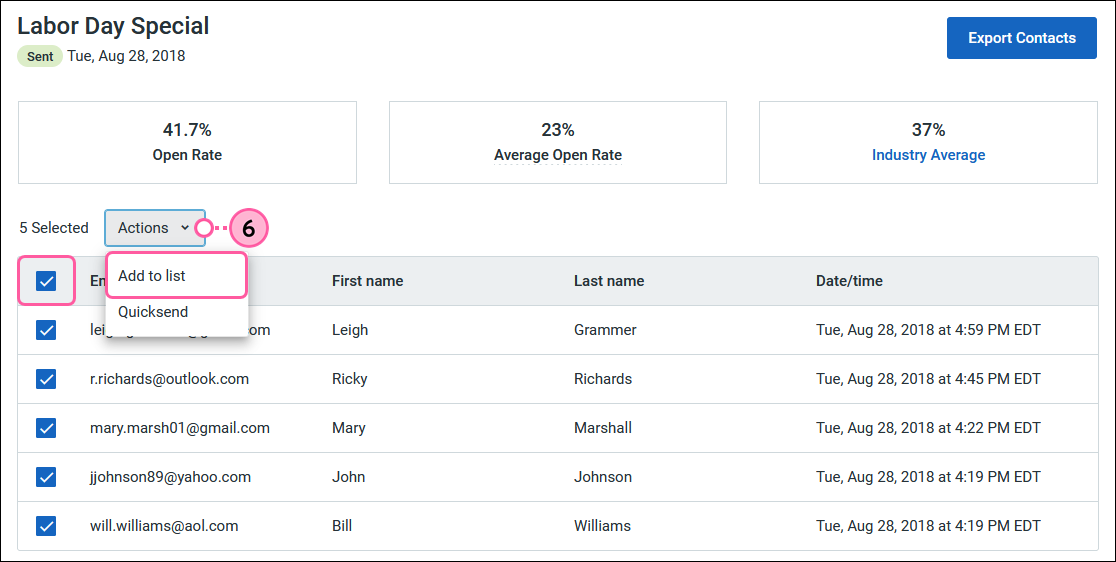 Option „Add to List” (Zu einer Liste hinzufügen) im Dropdown „Actions” (Aktionen)