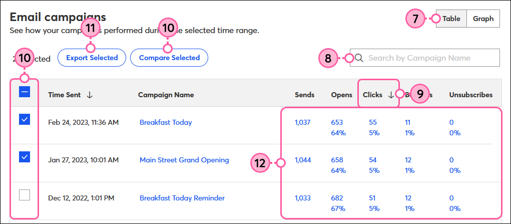 Reporting table with campaign stats