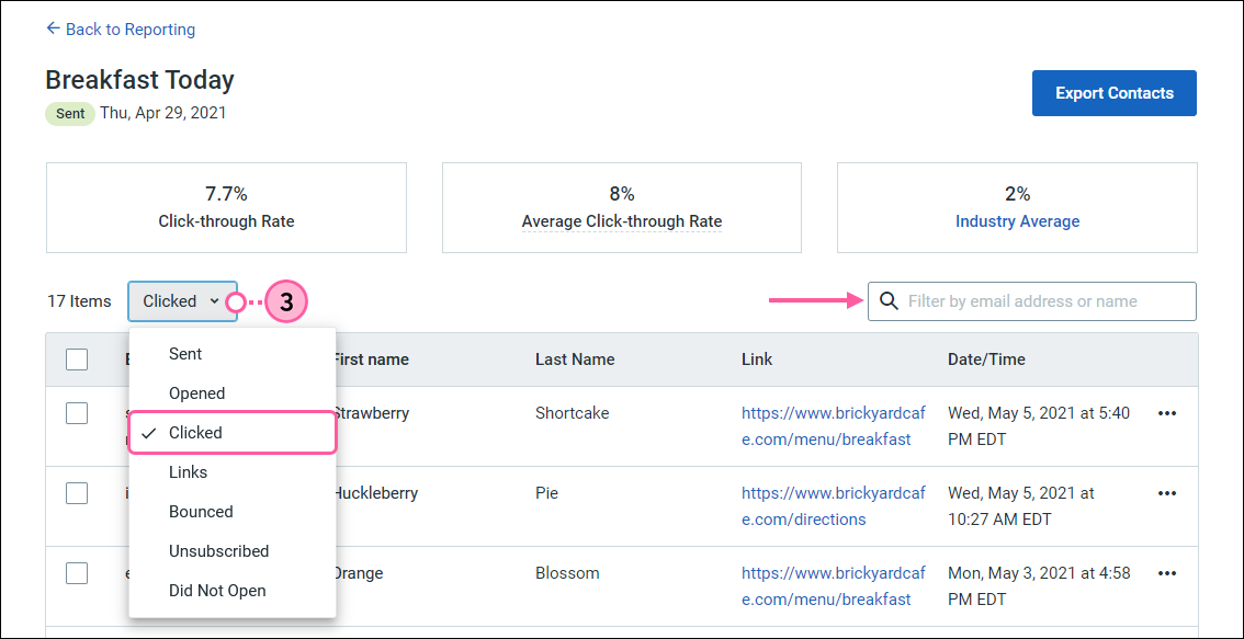 E-Mail-Berichte mit erweitertem Dropdown-Menü „Report“ (Bericht) und ausgewählter Option „Clicked“ (Geklickt) sowie Suchfeld