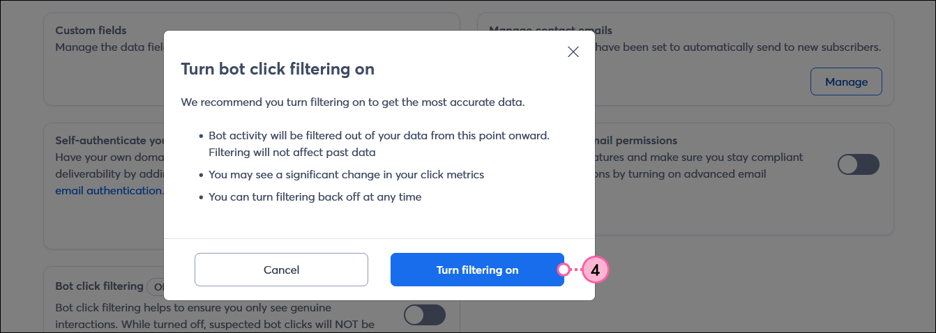 Turn bot click filtering on overlay with Cancel button and Turn filtering on button