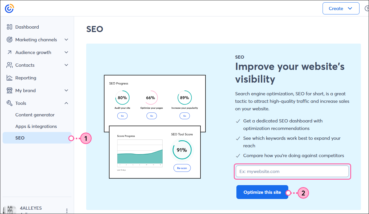 Herramientas desplegables con opción SEO, campo URL del sitio web y botón Optimize this site (Optimizar este sitio)