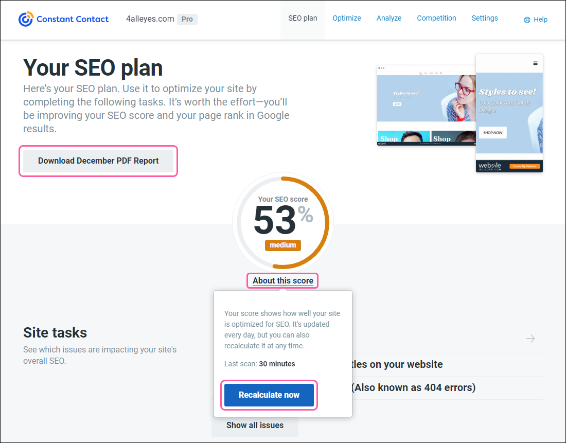 Pestaña Plan SEO, botón Download Report (Descargar informe), enlace About this Score (Acerca de esta puntuación) y botón Recalculate Now (Recalcular ahora)