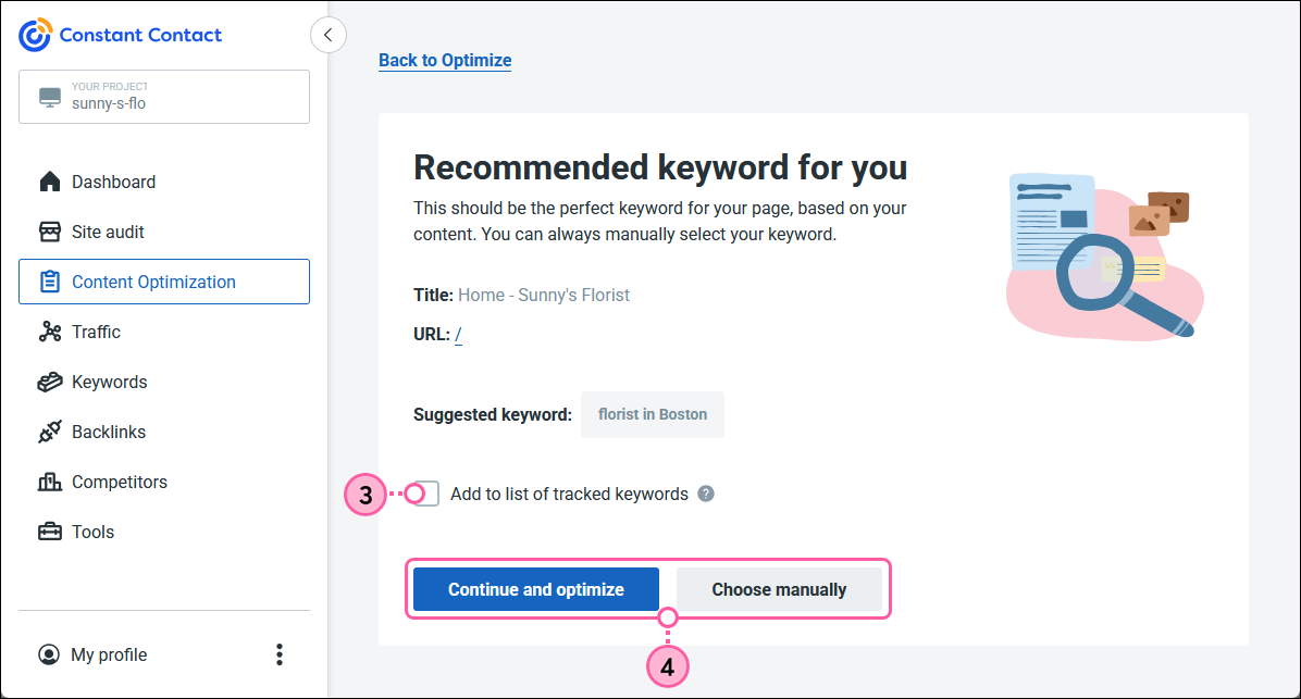 Recommended keyword with Continue and Optimize or Choose Manually buttons