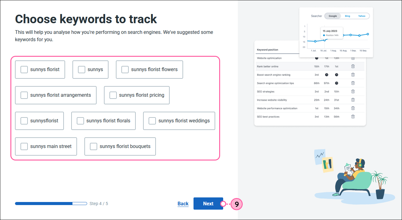 Suggested Keywords and Next button
