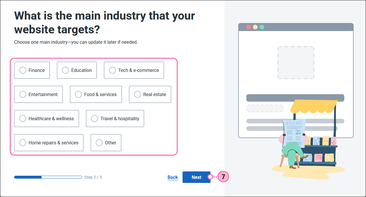 Main industry and Next button