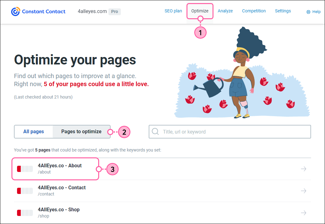 Pestaña Optimize (Optimizar), pestaña Pages to Optimize (Páginas para optimizar), página seleccionada