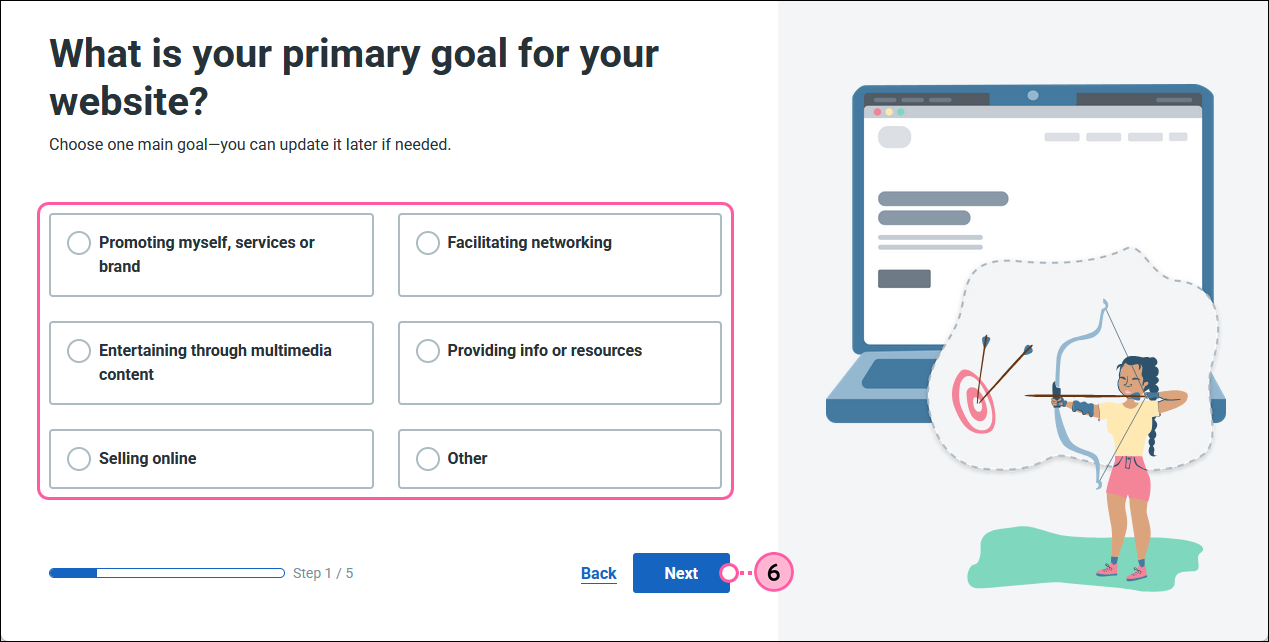 Website goal and Next button