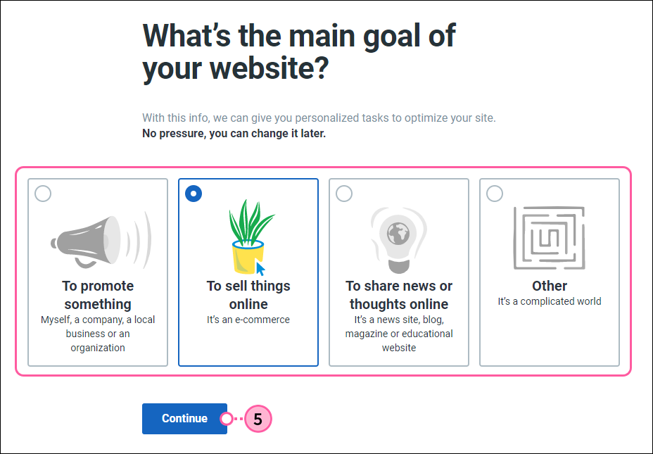 Objetivo del sitio web y botón Continue (Continuar)
