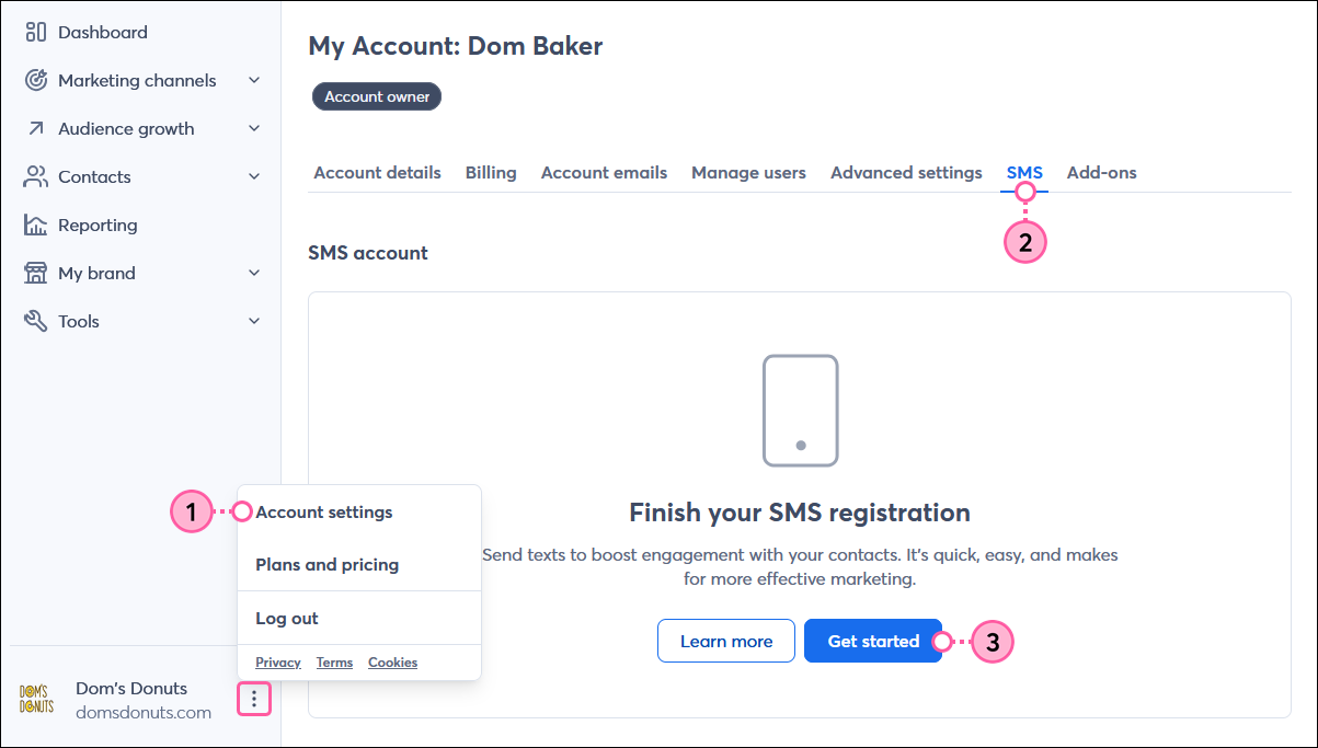 Account owner menu expanded with Account settings option selected, My Account page with SMS tab selected, and SMS account section with Get Started button