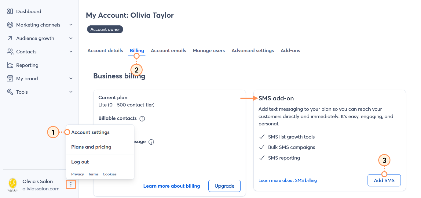 Account owner menu expanded with Account settings option selected, My Account page with Billing tab selected, SMS add-on section with Add SMS button